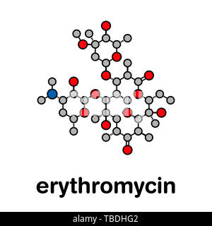 Erythromycin Antibiotikum Medikament (MAKROLIDE Klasse) Molekül. Stilisierte Skelett Formel (die chemische Struktur). Atome sind als farbkodierte Kreise mit dicken schwarzen gezeigt Umrisse und Anleihen: Wasserstoff (versteckt), Kohlenstoff (grau), Stickstoff (blau), Sauerstoff (rot). Stockfoto