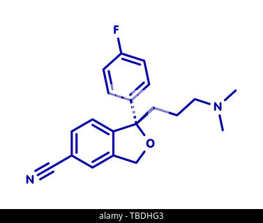 Escitalopram Antidepressivum Medikament (SSRI) Molekül. Blau Skelett Formel auf weißem Hintergrund. Stockfoto