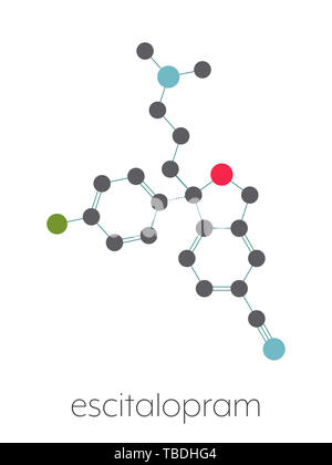 Escitalopram Antidepressivum Medikament (SSRI) Molekül. Stilisierte Skelett Formel (die chemische Struktur). Atome sind als farbkodierte Kreise, die durch dünne Anleihen verbunden gezeigt, auf einem weißen Hintergrund: Wasserstoff (versteckt), Kohlenstoff (grau), Stickstoff (blau), Sauerstoff (rot), Fluor (grün) Stockfoto