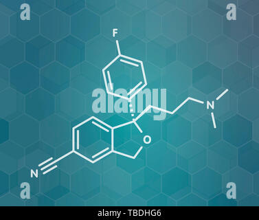 Escitalopram Antidepressivum Medikament (SSRI) Molekül. Weiß Skelett Formel auf dunklen blaugrün Verlaufshintergrund mit hexagonalen Muster. Stockfoto