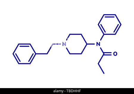 Fentanyl (fentanil) Opioidanalgetikum Droge Molekül. Blau Skelett Formel auf weißem Hintergrund. Stockfoto