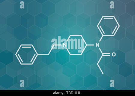 Fentanyl (fentanil) Opioidanalgetikum Droge Molekül. Weiß Skelett Formel auf dunklen blaugrün Verlaufshintergrund mit hexagonalen Muster. Stockfoto