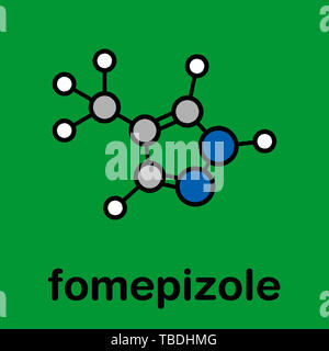 Fomepizole Methanolvergiftung Gegenmittel Molekül. Stilisierte Skelett Formel (die chemische Struktur). Atome sind als farbkodierte Kreise mit dicken schwarzen gezeigt Umrisse und Anleihen: Wasserstoff (weiß), Kohlenstoff (grau), Stickstoff (blau). Stockfoto