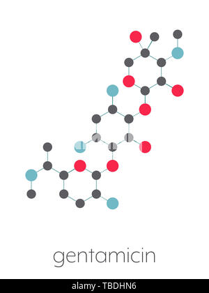 Gentamicin Antibiotikum Medikament (AMINOGLYCOSIDE Klasse) Molekül. Stilisierte Skelett Formel (die chemische Struktur). Atome sind als farbkodierte Kreise, die durch dünne Anleihen verbunden gezeigt, auf einem weißen Hintergrund: Wasserstoff (versteckt), Kohlenstoff (grau), Stickstoff (blau), Sauerstoff (rot). Stockfoto