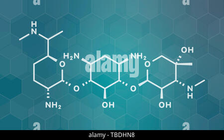 Gentamicin Antibiotikum Medikament (AMINOGLYCOSIDE Klasse) Molekül. Weiß Skelett Formel auf dunklen blaugrün Verlaufshintergrund mit hexagonalen Muster. Stockfoto