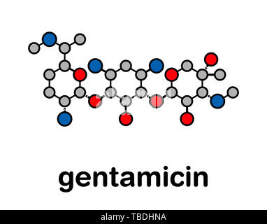 Gentamicin Antibiotikum Medikament (AMINOGLYCOSIDE Klasse) Molekül. Stilisierte Skelett Formel (die chemische Struktur). Atome sind als farbkodierte Kreise mit dicken schwarzen gezeigt Umrisse und Anleihen: Wasserstoff (versteckt), Kohlenstoff (grau), Stickstoff (blau), Sauerstoff (rot). Stockfoto