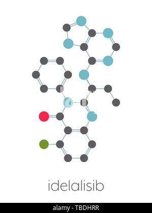 Idelalisib Leukämie Droge Molekül. Hemmer der phosphoinositide 3-Kinase (PI3K). Stilisierte Skelett Formel (die chemische Struktur). Atome sind als farbkodierte Kreise, die durch dünne Anleihen verbunden gezeigt, auf einem weißen Hintergrund: Wasserstoff (versteckt), Kohlenstoff (grau), Sauerstoff (rot), Stickstoff (blau), Fluor (grün). Stockfoto