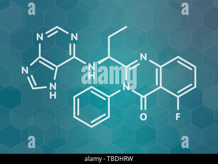 Idelalisib Leukämie Droge Molekül. Hemmer der phosphoinositide 3-Kinase (PI3K). Weiß Skelett Formel auf dunklen blaugrün Verlaufshintergrund mit hexagonalen Muster. Stockfoto