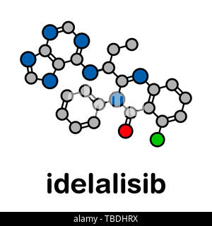 Idelalisib Leukämie Droge Molekül. Hemmer der phosphoinositide 3-Kinase (PI3K). Stilisierte Skelett Formel (die chemische Struktur). Atome sind als farbkodierte Kreise mit dicken schwarzen gezeigt Umrisse und Anleihen: Wasserstoff (versteckt), Kohlenstoff (grau), Sauerstoff (rot), Stickstoff (blau), Fluor (grün). Stockfoto