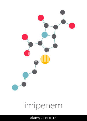 Antibiotika Imipenem Droge Molekül. Gehört der Klasse mit carbapenem. Stilisierte Skelett Formel (die chemische Struktur). Atome sind als farbkodierte Kreise, die durch dünne Anleihen verbunden gezeigt, auf einem weißen Hintergrund: Wasserstoff (versteckt), Kohlenstoff (grau), Sauerstoff (rot), Stickstoff (blau), Schwefel (gelb). Stockfoto