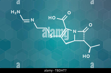 Antibiotika Imipenem Droge Molekül. Gehört der Klasse mit carbapenem. Weiß Skelett Formel auf dunklen blaugrün Verlaufshintergrund mit hexagonalen Muster. Stockfoto