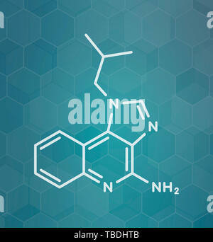 Imiquimod aktuell Hautkrebs Droge Molekül. Weiß Skelett Formel auf dunklen blaugrün Verlaufshintergrund mit hexagonalen Muster. Stockfoto