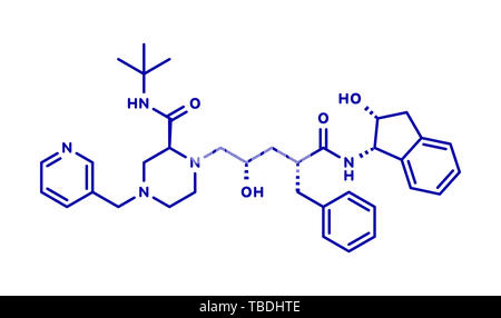 Indinavir HIV-Medikament Molekül. Gehört zur Klasse der Proteasehemmer-Inhibitor. Blau Skelett Formel auf weißem Hintergrund. Stockfoto