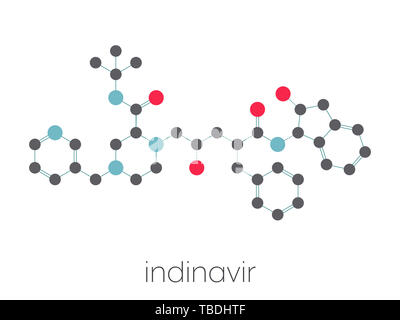 Indinavir HIV-Medikament Molekül. Gehört zur Klasse der Proteasehemmer-Inhibitor. Stilisierte Skelett Formel (die chemische Struktur). Atome sind als farbkodierte Kreise, die durch dünne Anleihen verbunden gezeigt, auf einem weißen Hintergrund: Wasserstoff (versteckt), Kohlenstoff (grau), Sauerstoff (rot), Stickstoff (blau). Stockfoto