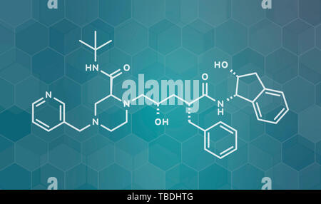 Indinavir HIV-Medikament Molekül. Gehört zur Klasse der Proteasehemmer-Inhibitor. Weiß Skelett Formel auf dunklen blaugrün Verlaufshintergrund mit hexagonalen Muster. Stockfoto