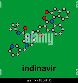 Indinavir HIV-Medikament Molekül. Gehört zur Klasse der Proteasehemmer-Inhibitor. Stilisierte Skelett Formel (die chemische Struktur). Atome sind als farbkodierte Kreise mit dicken schwarzen gezeigt Umrisse und Anleihen: Wasserstoff (versteckt), Kohlenstoff (grau), Sauerstoff (rot), Stickstoff (blau). Stockfoto