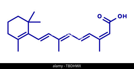 Isotretinoin Akne Behandlung Droge Molekül. Bekannte ein teratogen (Ursachen Geburtsschäden). Blau Skelett Formel auf weißem Hintergrund. Stockfoto