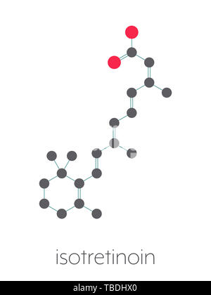 Isotretinoin Akne Behandlung Droge Molekül. Bekannte ein teratogen (Ursachen Geburtsschäden). Stilisierte Skelett Formel (die chemische Struktur). Atome sind als farbkodierte Kreise, die durch dünne Anleihen verbunden gezeigt, auf einem weißen Hintergrund: Wasserstoff (versteckt), Kohlenstoff (grau), Sauerstoff (rot). Stockfoto