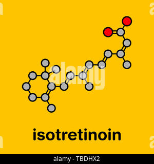 Isotretinoin Akne Behandlung Droge Molekül. Bekannte ein teratogen (Ursachen Geburtsschäden). Stilisierte Skelett Formel (die chemische Struktur). Atome sind als farbkodierte Kreise mit dicken schwarzen gezeigt Umrisse und Anleihen: Wasserstoff (versteckt), Kohlenstoff (grau), Sauerstoff (rot). Stockfoto