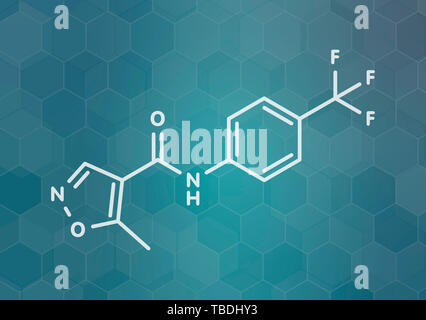 Leflunomid rheumatoid Arthritis Droge Molekül. Weiß Skelett Formel auf dunklen blaugrün Verlaufshintergrund mit hexagonalen Muster. Stockfoto