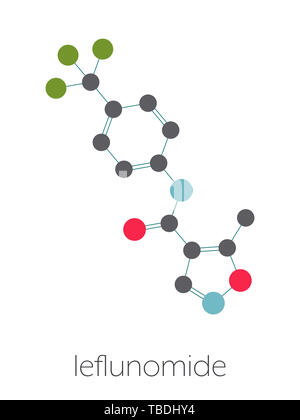 Leflunomid rheumatoid Arthritis Droge Molekül. Stilisierte Skelett Formel (die chemische Struktur). Atome sind als farbkodierte Kreise, die durch dünne Anleihen verbunden gezeigt, auf einem weißen Hintergrund: Wasserstoff (versteckt), Kohlenstoff (grau), Sauerstoff (rot), Stickstoff (blau), Fluor (grün). Stockfoto