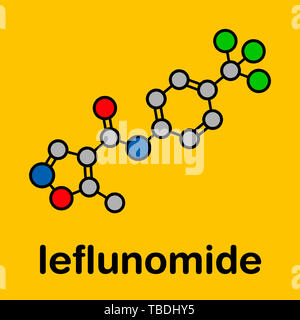 Leflunomid rheumatoid Arthritis Droge Molekül. Stilisierte Skelett Formel (die chemische Struktur). Atome sind als farbkodierte Kreise mit dicken schwarzen gezeigt Umrisse und Anleihen: Wasserstoff (versteckt), Kohlenstoff (grau), Sauerstoff (rot), Stickstoff (blau), Fluor (grün). Stockfoto