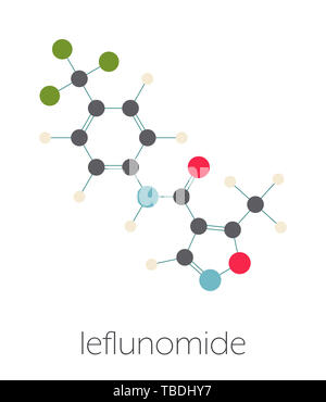 Leflunomid rheumatoid Arthritis Droge Molekül. Stilisierte Skelett Formel (die chemische Struktur). Atome sind als farbkodierte Kreise, die durch dünne Anleihen verbunden gezeigt, auf einem weißen Hintergrund: Wasserstoff (beige), Kohlenstoff (grau), Sauerstoff (rot), Stickstoff (blau), Fluor (grün). Stockfoto