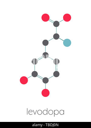 L-Dopa (Levodopa) Parkinson Medikament Molekül. Stilisierte Skelett Formel (die chemische Struktur). Atome sind als farbkodierte Kreise, die durch dünne Anleihen verbunden gezeigt, auf einem weißen Hintergrund: Wasserstoff (versteckt), Kohlenstoff (grau), Sauerstoff (rot), Stickstoff (blau). Stockfoto