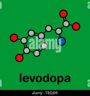 L-Dopa (Levodopa) Parkinson Medikament Molekül. Stilisierte Skelett Formel (die chemische Struktur). Atome sind als farbkodierte Kreise mit dicken schwarzen gezeigt Umrisse und Anleihen: Wasserstoff (versteckt), Kohlenstoff (grau), Sauerstoff (rot), Stickstoff (blau). Stockfoto