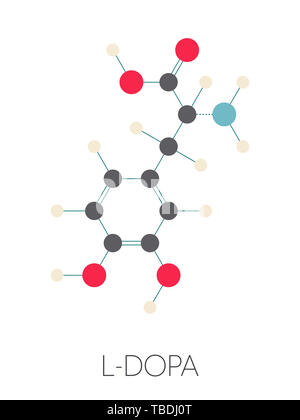 L-Dopa (Levodopa) Parkinson Medikament Molekül. Stilisierte Skelett Formel (die chemische Struktur). Atome sind als farbkodierte Kreise, die durch dünne Anleihen verbunden gezeigt, auf einem weißen Hintergrund: Wasserstoff (beige), Kohlenstoff (grau), Sauerstoff (rot), Stickstoff (blau). Stockfoto