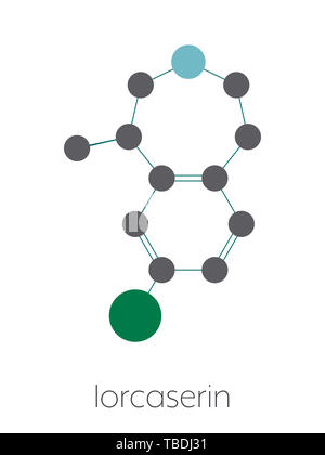 Lorcaserin Fettleibigkeit Molekül. Stilisierte Skelett Formel (die chemische Struktur). Atome sind als farbkodierte Kreise, die durch dünne Anleihen verbunden gezeigt, auf einem weißen Hintergrund: Wasserstoff (versteckt), Kohlenstoff (grau), Stickstoff (blau). Stockfoto