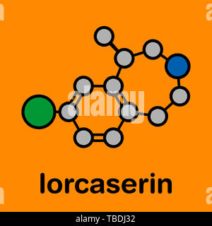 Lorcaserin Fettleibigkeit Molekül. Stilisierte Skelett Formel (die chemische Struktur). Atome sind als farbkodierte Kreise mit dicken schwarzen gezeigt Umrisse und Anleihen: Wasserstoff (versteckt), Kohlenstoff (grau), Stickstoff (blau). Stockfoto