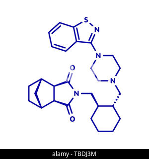 Lurasidone atypisches antipsychotisches Rauschgift Molekül. Blau Skelett Formel auf weißem Hintergrund. Stockfoto
