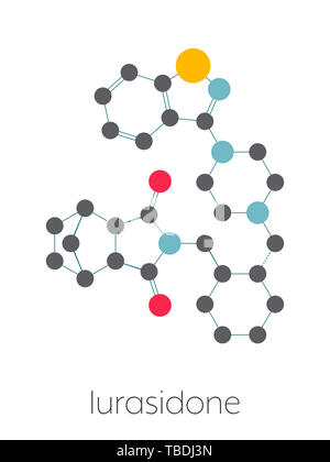 Lurasidone atypisches antipsychotisches Rauschgift Molekül. Stilisierte Skelett Formel (die chemische Struktur). Atome sind als farbkodierte Kreise, die durch dünne Anleihen verbunden gezeigt, auf einem weißen Hintergrund: Wasserstoff (versteckt), Kohlenstoff (grau), Sauerstoff (rot), Stickstoff (blau), Schwefel (gelb). Stockfoto