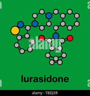 Lurasidone atypisches antipsychotisches Rauschgift Molekül. Stilisierte Skelett Formel (die chemische Struktur). Atome sind als farbkodierte Kreise mit dicken schwarzen gezeigt Umrisse und Anleihen: Wasserstoff (versteckt), Kohlenstoff (grau), Sauerstoff (rot), Stickstoff (blau), Schwefel (gelb). Stockfoto