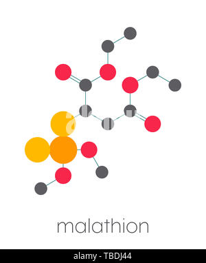 Malathion Insektizid Molekül. Verwendet Kopfläuse zu behandeln, Körper Läuse, Krätze und in der Landwirtschaft. Stilisierte Skelett Formel (die chemische Struktur). Atome sind als farbkodierte Kreise, die durch dünne Anleihen verbunden gezeigt, auf einem weißen Hintergrund: Wasserstoff (versteckt), Kohlenstoff (grau), Sauerstoff (rot), Schwefel (Gelb), Phosphor (orange). Stockfoto