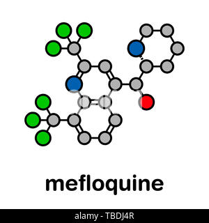 Mefloquine Malariadroge Molekül. Stilisierte Skelett Formel (die chemische Struktur). Atome sind als farbkodierte Kreise mit dicken schwarzen gezeigt Umrisse und Anleihen: Wasserstoff (versteckt), Kohlenstoff (grau), Stickstoff (blau), Sauerstoff (rot), Fluor (grün). Stockfoto