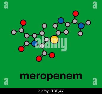Meropenem Breitbandantibiotikum Molekül (Carbapenem-klasse). Stilisierte Skelett Formel (die chemische Struktur). Atome sind als farbkodierte Kreise mit dicken schwarzen gezeigt Umrisse und Anleihen: Wasserstoff (versteckt), Kohlenstoff (grau), Stickstoff (blau), Sauerstoff (rot), Schwefel (gelb) Stockfoto