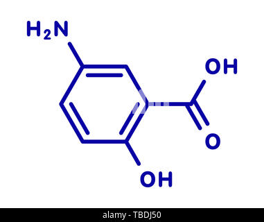 Mesalamine, mesalazin (5-Aminosalicylsäure, 5-ASA) entzündliche Darmkrankheit Droge Molekül. Verwendet zur Behandlung von Colitis ulcerosa und Morbus Crohn. Blau Skelett Formel auf weißem Hintergrund. Stockfoto