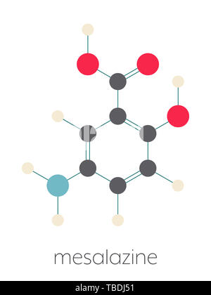 Mesalamine, mesalazin (5-Aminosalicylsäure, 5-ASA) entzündliche Darmkrankheit Droge Molekül. Verwendet zur Behandlung von Colitis ulcerosa und Morbus Crohn. Stilisierte Skelett Formel (die chemische Struktur). Atome sind als farbkodierte Kreise, die durch dünne Anleihen verbunden gezeigt, auf einem weißen Hintergrund: Wasserstoff (beige), Kohlenstoff (grau), Sauerstoff (rot), Stickstoff (blau) Stockfoto