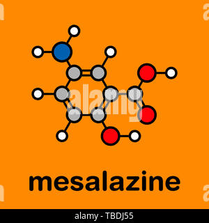 Mesalamine, mesalazin (5-Aminosalicylsäure, 5-ASA) entzündliche Darmkrankheit Droge Molekül. Verwendet zur Behandlung von Colitis ulcerosa und Morbus Crohn. Stilisierte Skelett Formel (die chemische Struktur). Atome sind als farbkodierte Kreise mit dicken schwarzen gezeigt Umrisse und Anleihen: Wasserstoff (weiß), Kohlenstoff (grau), Sauerstoff (rot), Stickstoff (blau) Stockfoto