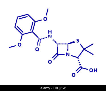 Methicillin Antibiotikum Medikament (beta-Lactam class) Molekül. MRSA ist die Abkürzung für Methicillin-resistente Staphylococcus aureus. Blau Skelett Formel auf weißem Hintergrund. Stockfoto