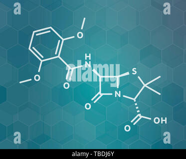 Methicillin Antibiotikum Medikament (beta-Lactam class) Molekül. MRSA ist die Abkürzung für Methicillin-resistente Staphylococcus aureus. Weiß Skelett Formel auf dunklen blaugrün Verlaufshintergrund mit hexagonalen Muster. Stockfoto