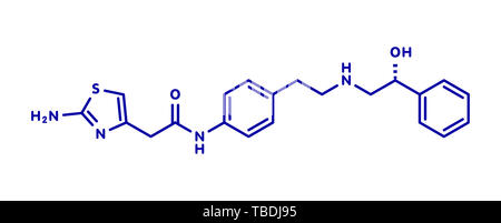 Mirabegron überaktive Blase Behandlung Droge Molekül. Blau Skelett Formel auf weißem Hintergrund. Stockfoto