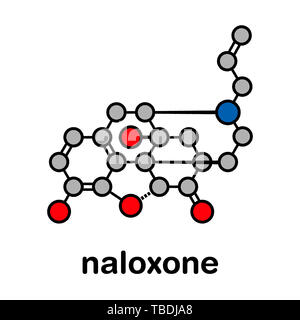 Naloxon opioid-Rezeptor-Antagonist. Medikament in der Behandlung der opioid Überdosierung verwendet. Stilisierte Skelett Formel (die chemische Struktur). Atome sind als farbkodierte Kreise mit dicken schwarzen gezeigt Umrisse und Anleihen: Wasserstoff (versteckt), Kohlenstoff (grau), Sauerstoff (rot), Stickstoff (blau). Stockfoto