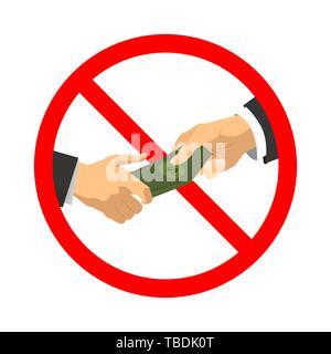 Nicht bestechen, rot Verboten Schild mit zwei flachen Händen hält Stapel coupures isoliert auf weißem Stock Vektor