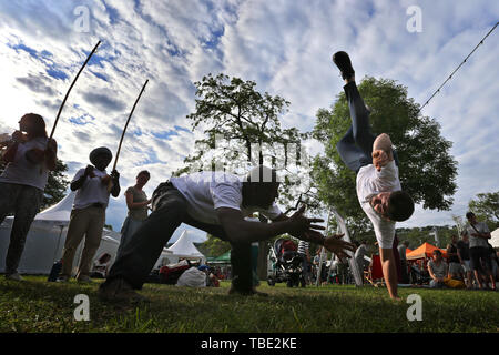31. Mai 2019, Bayern, Würzburg: Die Besucher des Africa Festivals Tanz der brasilianische Kampf Tanz Capoeira. Das Africa Festival ist eines der größten Festivals für afrikanische Musik und Kultur in Europa. Foto: Karl-Josef Hildenbrand/dpa Stockfoto