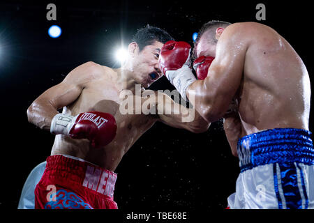 Macao. 1. Juni 2019. Meng Fanlong (L) von China konkurriert mit Adam Deines Deutschlands in den IBF-Titel im Halbschwergewicht Eliminator/IBF Intercontinental Light Heavyweight Titel match bei der Verteidigung 2019 IBF-Meisterschaft Super Gala in Macau, China am 1. Juni 2019. Credit: Cheong kam Ka/Xinhua/Alamy leben Nachrichten Stockfoto