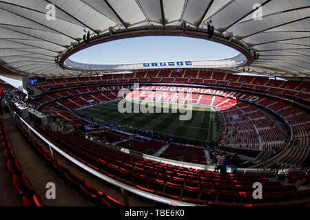 Madrid, Spanien. 01 Juni, 2019. Eine allgemeine Ansicht von Wanda Metropolitano vor dem UEFA Champions League Finale zwischen den Tottenham Hotspur und Liverpool an Wanda Metropolitano am 1. Juni 2019 in Madrid, Spanien. (Foto von Daniel Chesterton/phcimages.com) Credit: PHC Images/Alamy leben Nachrichten Stockfoto