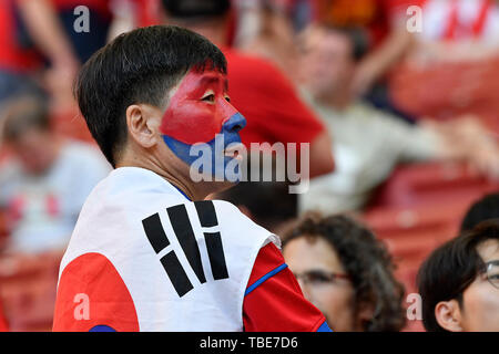 Madrid, Spanien. 01 Juni, 2019. Ein Fan von Tottenham Hotspur mit Südkorea Flagge bemalt auf seinem Gesicht für Tottenham Player's Sohn Heung-min Im steht vor der die 2019 UEFA Champions League Finale zwischen den Tottenham Hotspur und Liverpool an Wanda Metropolitano Stadion, Madrid, Spanien am 1. Juni 2019. Foto von Giuseppe Maffia. Credit: UK Sport Pics Ltd/Alamy leben Nachrichten Stockfoto